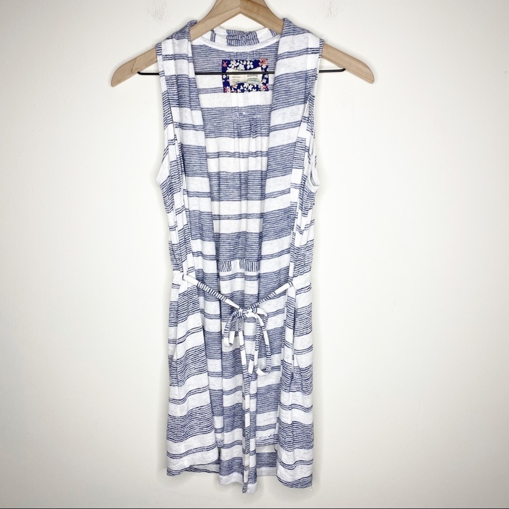 Anthropologie Blue White Stripe Tie Waist Lightweight Sleeveless Vest XS EUC